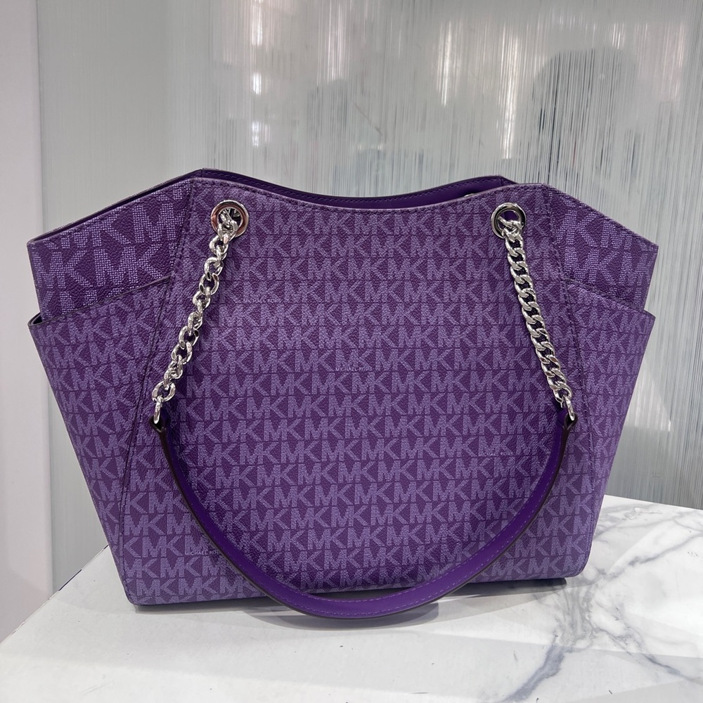 MICHAEL KORS Jet Set Travel Large Signature Chain Shoulder Tote Bag Dk Purple - Picture 3 of 7